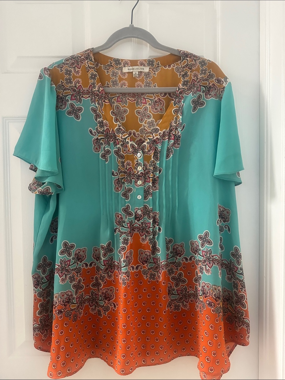 Rose & Olive Teal and Orange Floral Ruffle V-Neck Blouse